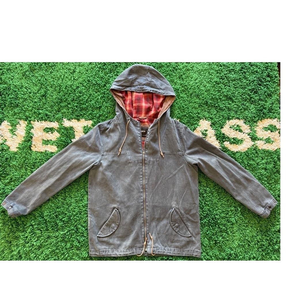 KR3W Hooded Jacket Mens Medium Grey Good Plaid Lined Full Zip Skate Coat
